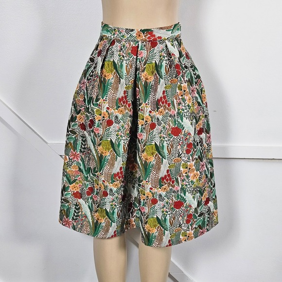 Eva Franco by Anthro Botanical Tapestry Pleated Midi Skirt Green Floral Size 0P - Picture 2 of 11